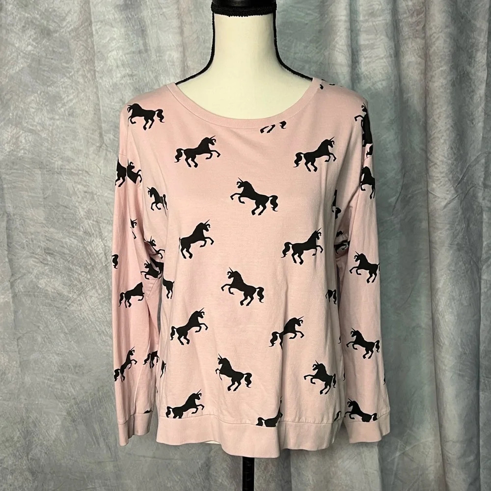 H&M Divided Pink & Black Unicorn Print Scoop Neck Sweatshirt